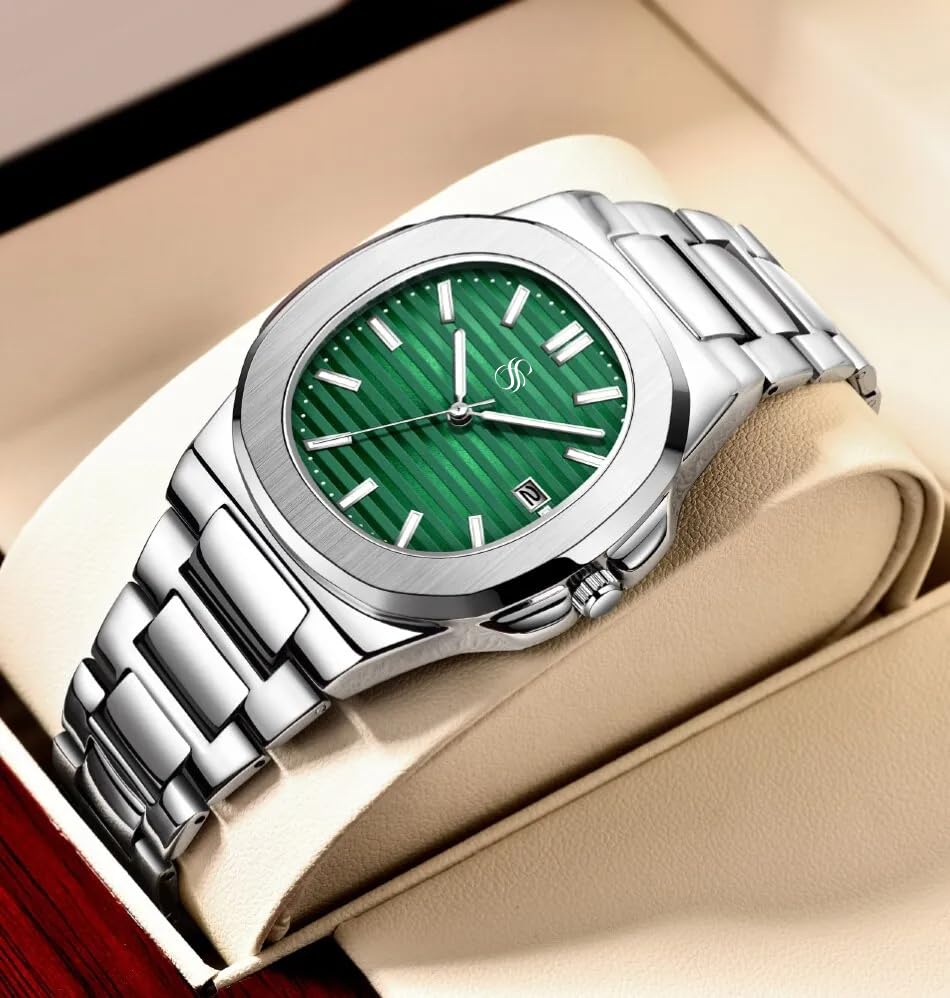 Silver Stainless Steel Analog Square Green Dial Date Display Wrist Watch for Men & Boys