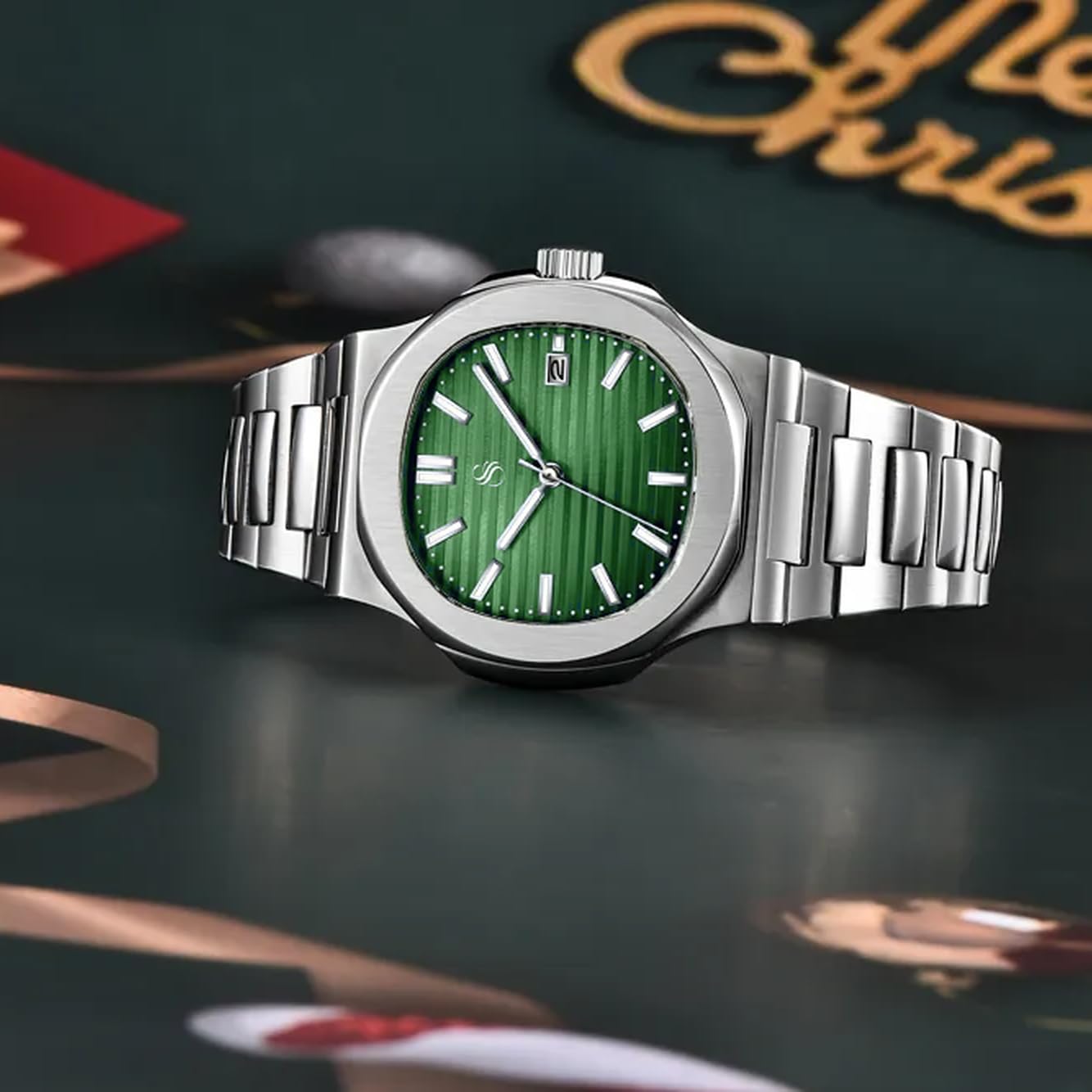 Silver Stainless Steel Analog Square Green Dial Date Display Wrist Watch for Men & Boys