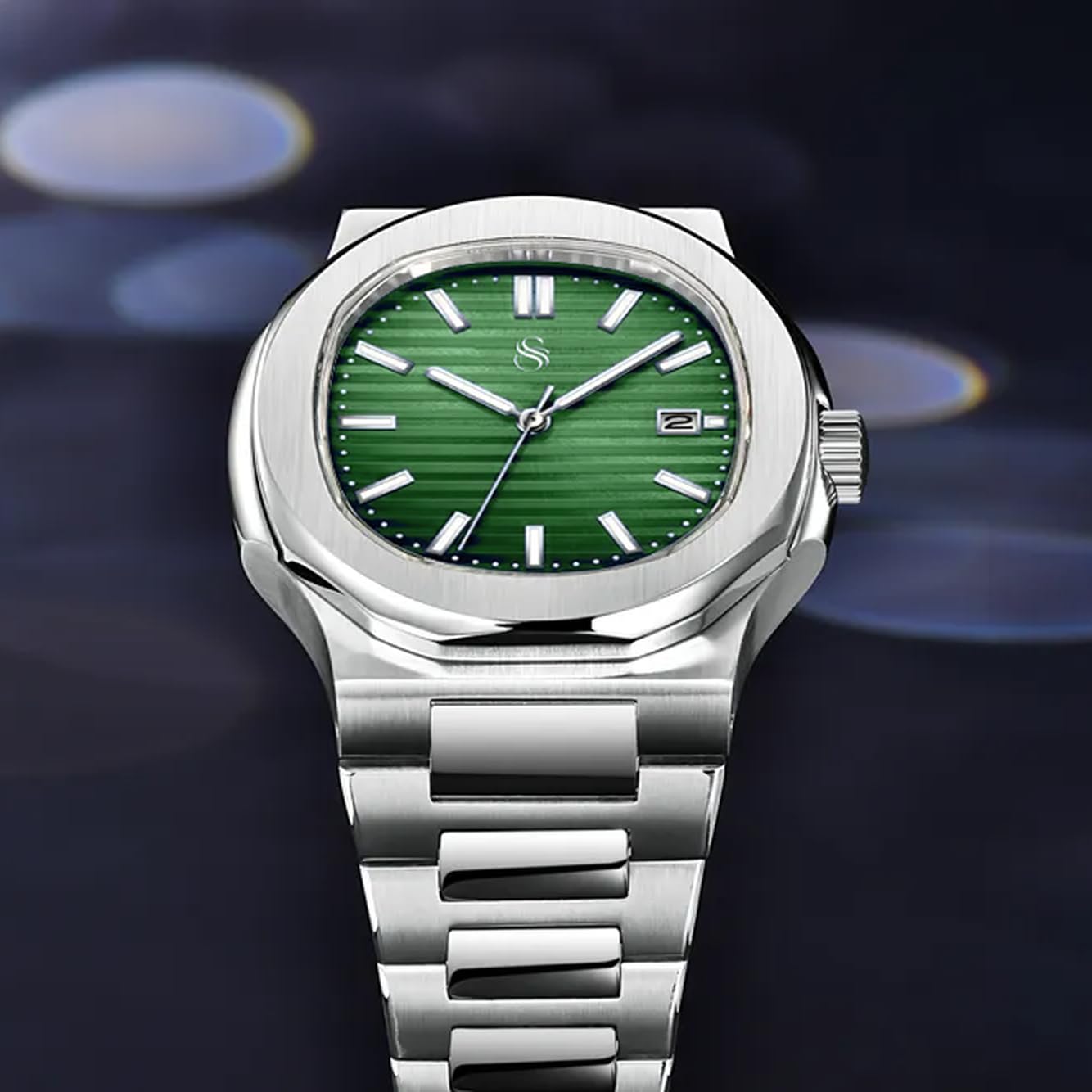 Silver Stainless Steel Analog Square Green Dial Date Display Wrist Watch for Men & Boys