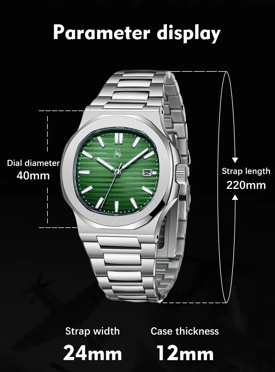 Silver Stainless Steel Analog Square Green Dial Date Display Wrist Watch for Men & Boys