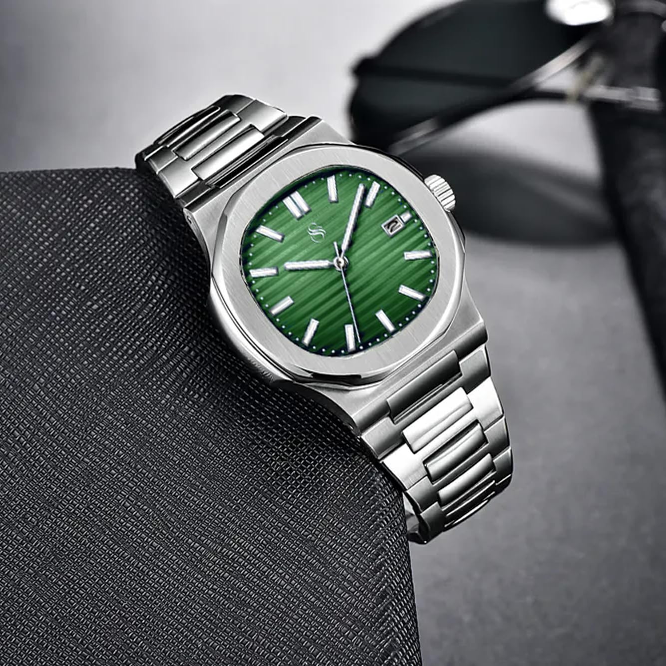 Silver Stainless Steel Analog Square Green Dial Date Display Wrist Watch for Men & Boys