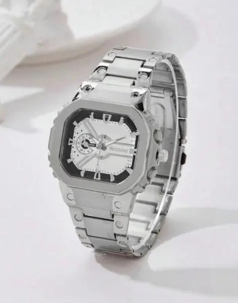 Silver Stainless Steel Analog Octagonal White Dial Wrist Watch for Men & Boys