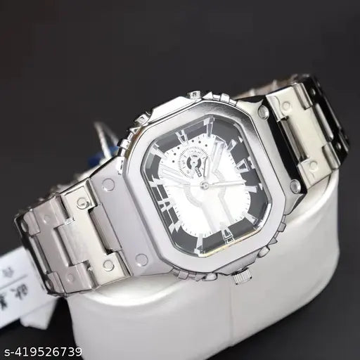 Silver Stainless Steel Analog Octagonal White Dial Wrist Watch for Men & Boys